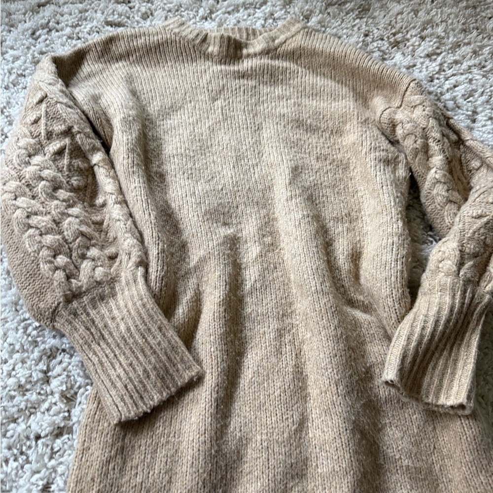 Tan Crew Neck Sweater Dress with Textured Cable Knit Sleeves